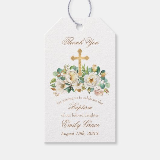 Étiquettes-cadeau Croix d'or et Baptême blanc floral (Devant)