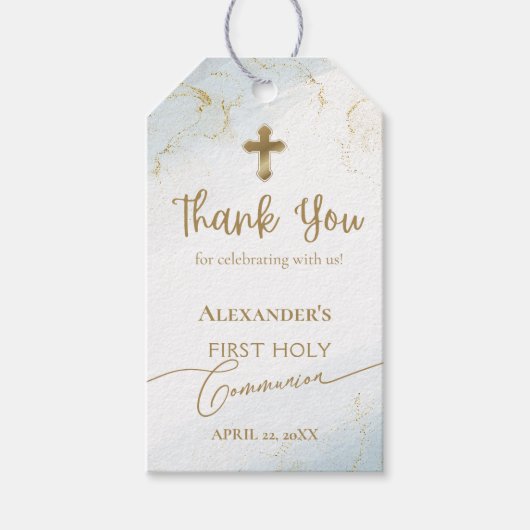 Étiquettes-cadeau Croix d'or Merci bleu premier sainte communion (Devant)