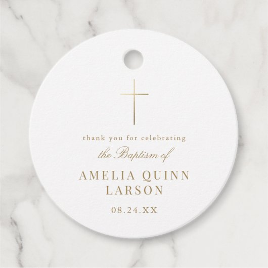 Étiquettes Cadeau Croix d'or simple élégant Baptême Christening (Devant)
