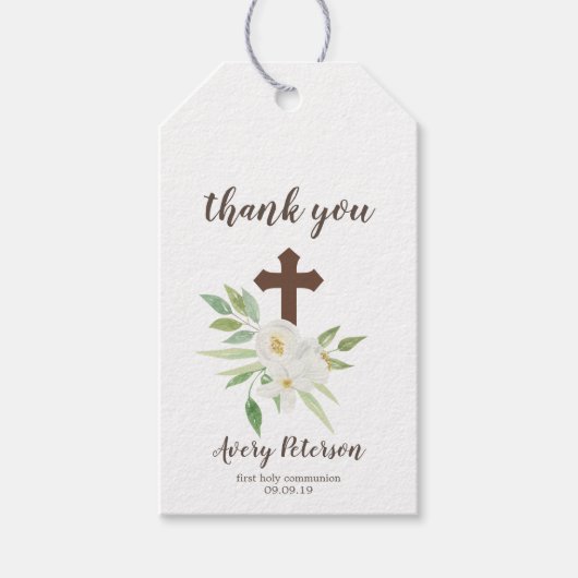 Étiquettes-cadeau Croix florale blanche et verte Première communion  (Devant)