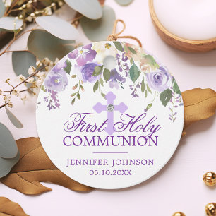 Étiquettes Cadeau Croix florale pourpre Premier Merci de communion s