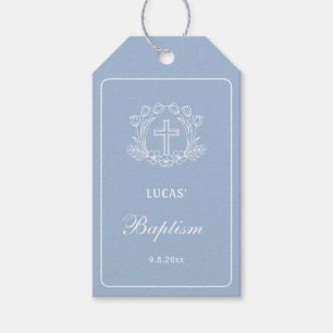 Étiquettes-cadeau Croix florale simple sur Baptême bleu clair