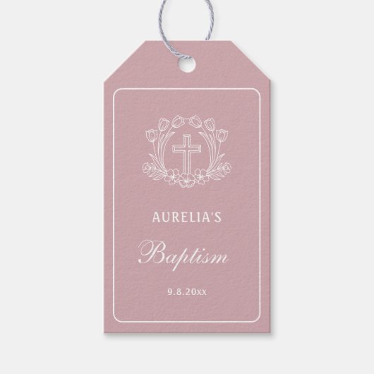 Étiquettes-cadeau Croix florale simple sur le baptême rose (Devant)