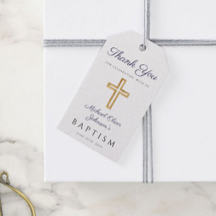 Étiquettes-cadeau Croix Religieuse Écriture Bleu Marine Garçon Baptê