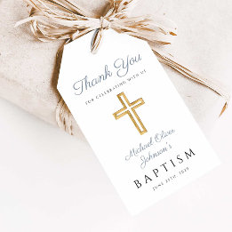 Étiquettes-cadeau Croix Religieuse Garçon Rayures Bleues Baptême