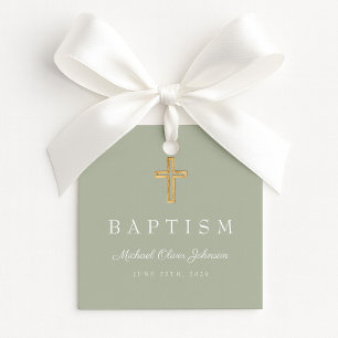 Étiquettes Cadeau Croix religieuse vert sauge moderne écriture baptê