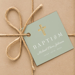 Étiquettes Cadeau Croix religieuse vert sauge moderne écriture baptê