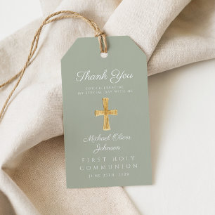 Étiquettes-cadeau Croix religieuse vert sauge Première communion 
