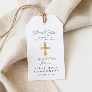 Étiquettes-cadeau Croix religieuse verte remerciement de première co