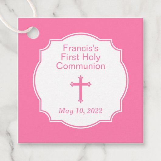 Étiquettes Cadeau Croix rose mignonne Première Communion de Fille (Devant)