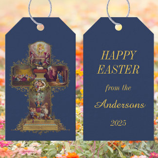 Étiquettes-cadeau Croix vintage chrétienne florale Jésus Joyeux Pâqu