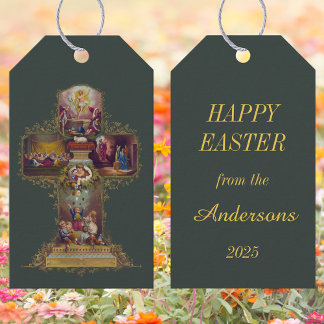 Étiquettes-cadeau Croix vintage chrétienne florale Jésus Joyeux Pâqu