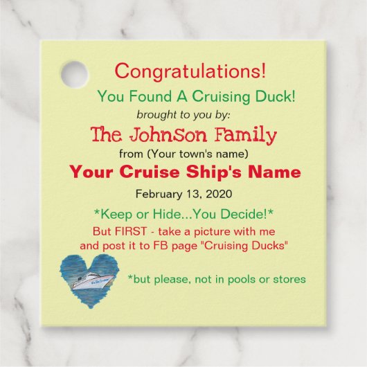 Étiquettes Cadeau Cruising Duck Tag (Devant)