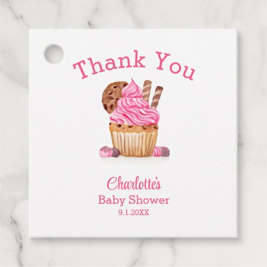 Étiquettes Cadeau Cupcake Rose Aquarelle Au Baby shower Chocolé (Devant)