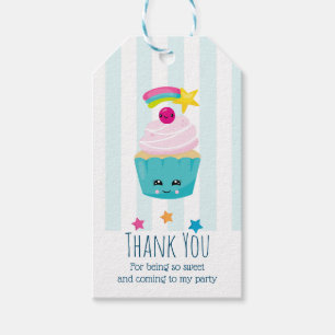 Étiquettes-cadeau Cute Blue Cupcake avec Kawaii Face Anniversaire Me
