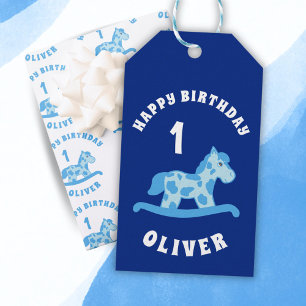 Étiquettes-cadeau Cute Blue Rocking Horse Boy 1er Anniversaire