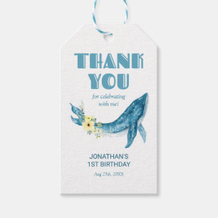 Étiquettes-cadeau Cute Blue Whale Jaune Floral Merci d'anniversaire