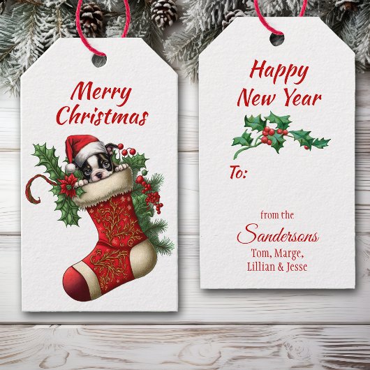 Étiquettes-cadeau Cute Boston Terrier Puppy Peeking