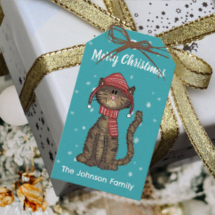Étiquettes-cadeau Cute Chat Avec Casquette Noël Fête Personnalisée