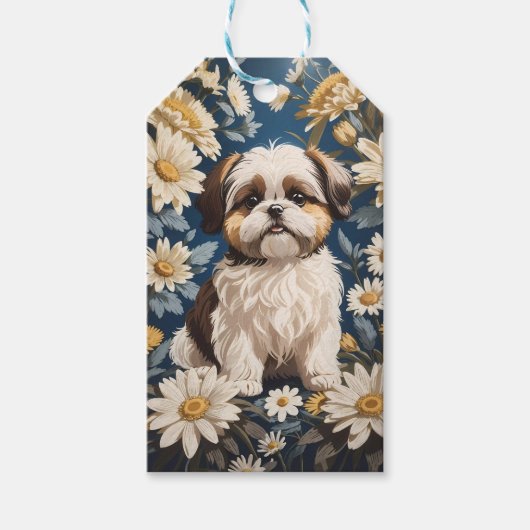 Étiquettes-cadeau Cute Chih Tzu Chien Blanc Fleurs De Faisée (Devant)