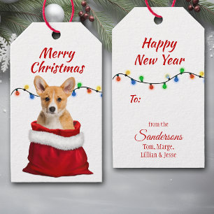 Étiquettes-cadeau Cute Corgi Chien chiot dans un sac Père Noël