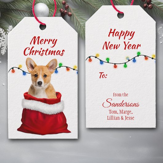 Étiquettes-cadeau Cute Corgi Chien chiot dans un sac Père Noël