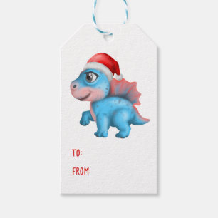 Étiquettes-cadeau Cute Dinosaur Santa Hat Enfants Noël Bleu