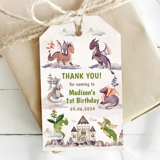Étiquettes-cadeau Cute Dragon 1ère fête d'anniversaire