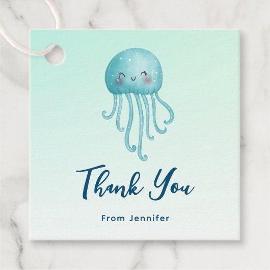 Étiquettes Cadeau Cute et amusante Merci de méduse bleu-vert (Devant)