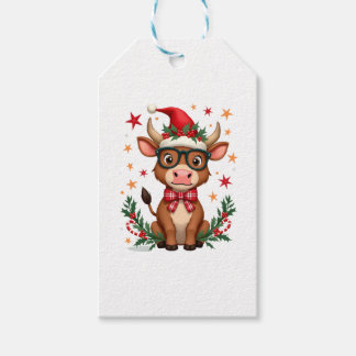 Étiquettes-cadeau Cute Highland Cow Lover Santa Hat Western Christma