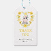 Étiquettes-cadeau Cute Hippo Jaune Fleur Coeur Anniversaire Merci (Devant)