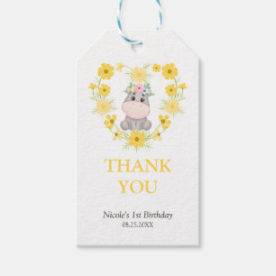 Étiquettes-cadeau Cute Hippo Jaune Fleur Coeur Anniversaire Merci