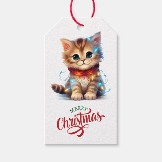 Étiquettes-cadeau Cute Kitten Enveloppé dans les lumières des fêtes (Devant)