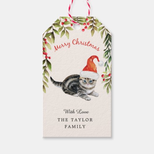 Étiquettes-cadeau Cute Kitten Joyeux Noël Santa Hat Amoureux de les (Devant)
