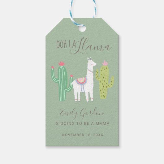 Étiquettes-cadeau Cute Llama Baby shower Succulents garçon vert (Devant)