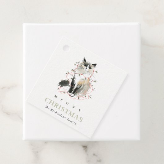 Étiquettes Cadeau Cute moderne aquarelle Meowy Noël Light Chat (En situation)
