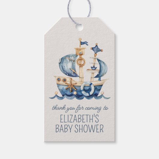 Étiquettes-cadeau Cute Nautical Blue Sailing Ship Baby Shower (Devant)