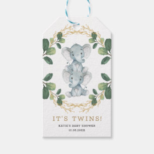 Étiquettes-cadeau Cute Neutre Jumeaux Eléphant Vert Bébé Douche