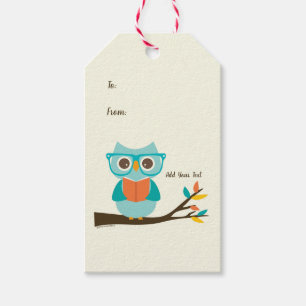 Étiquettes-cadeau Cute Owl Lecture Personnalisée Colorée Turquoise