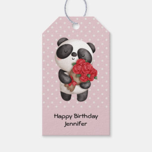 Étiquettes-cadeau Cute Panda Bear avec Rose Bouquet Anniversaire