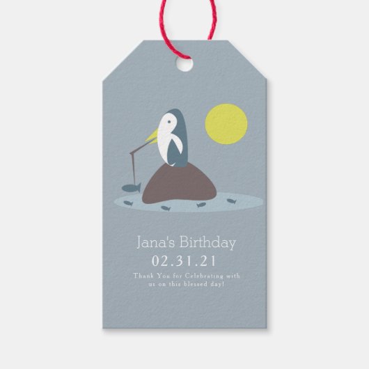 Étiquettes-cadeau Cute Penguin Pêche Anniversaire (Devant)