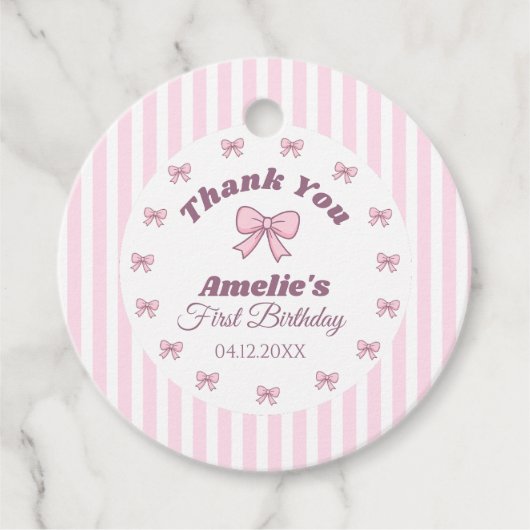 Étiquettes Cadeau Cute Pink Bow First Birthday  (Devant)