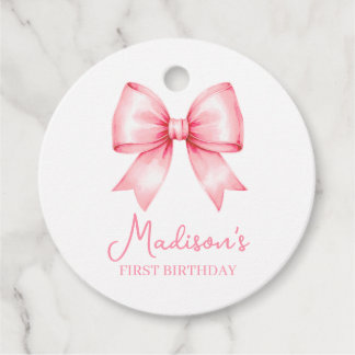 Étiquettes Cadeau Cute Pink Bow Girl First Birthday