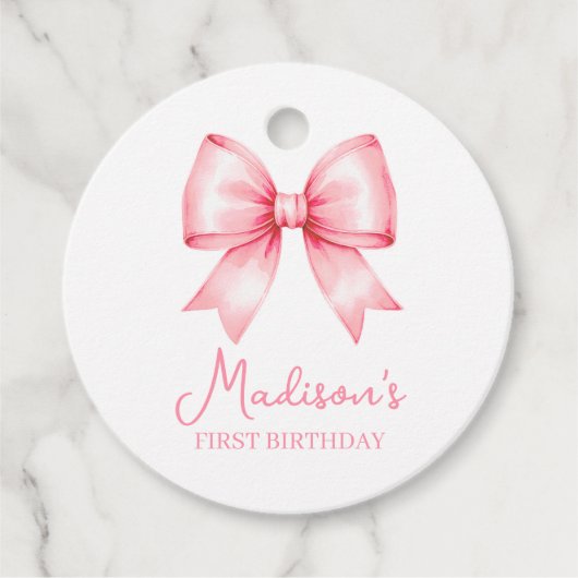 Étiquettes Cadeau Cute Pink Bow Girl First Birthday (Devant)