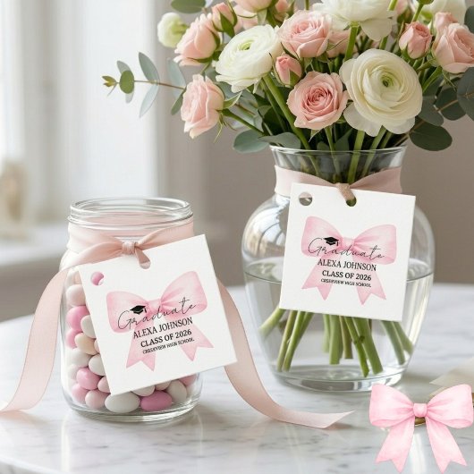 Étiquettes Cadeau Cute Pink Bow Graduation Cap Graduate