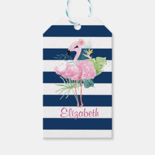 Étiquettes-cadeau Cute Pink Flamingos Tropical Leaf, Striped