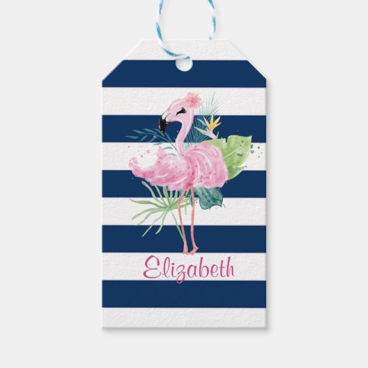 Étiquettes-cadeau Cute Pink Flamingos Tropical Leaf, Striped (Devant)
