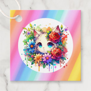 Étiquettes Cadeau Cute Rainbow Anime Chat Anniversaire Gâteau