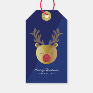 Étiquettes-cadeau Cute Reindeer   Fun Christmas Blue & Gold