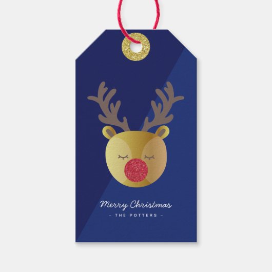 Étiquettes-cadeau Cute Reindeer | Fun Christmas Blue & Gold (Devant)